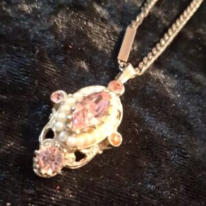 Vintage Weiss Pink and Gold With Faux Pearls Pendant. Necklace 40 In. Long